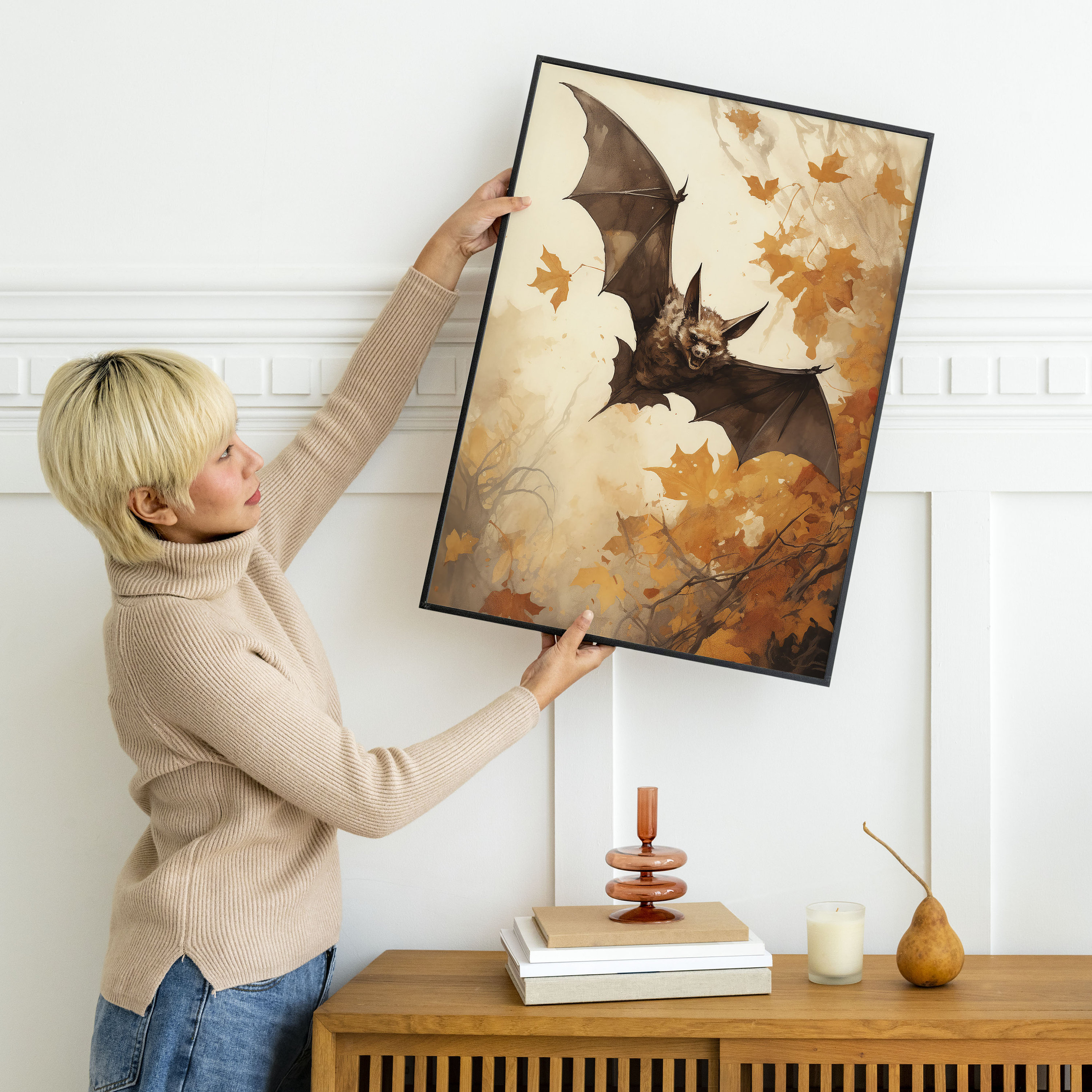 Flying Bat Art Print, Vampire Bat Fall Decor, Vintage Bat, Autumn ...
