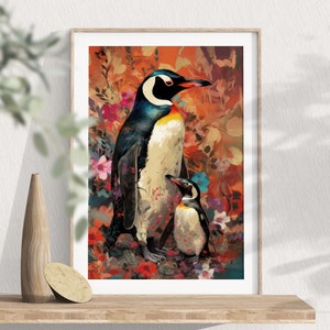 Cute Penguins Print, Bathroom Print, Penguin Painting, Funny Animals Art, Funny Penguin Print, Penguin Floral Art, Kids Nursery Decor