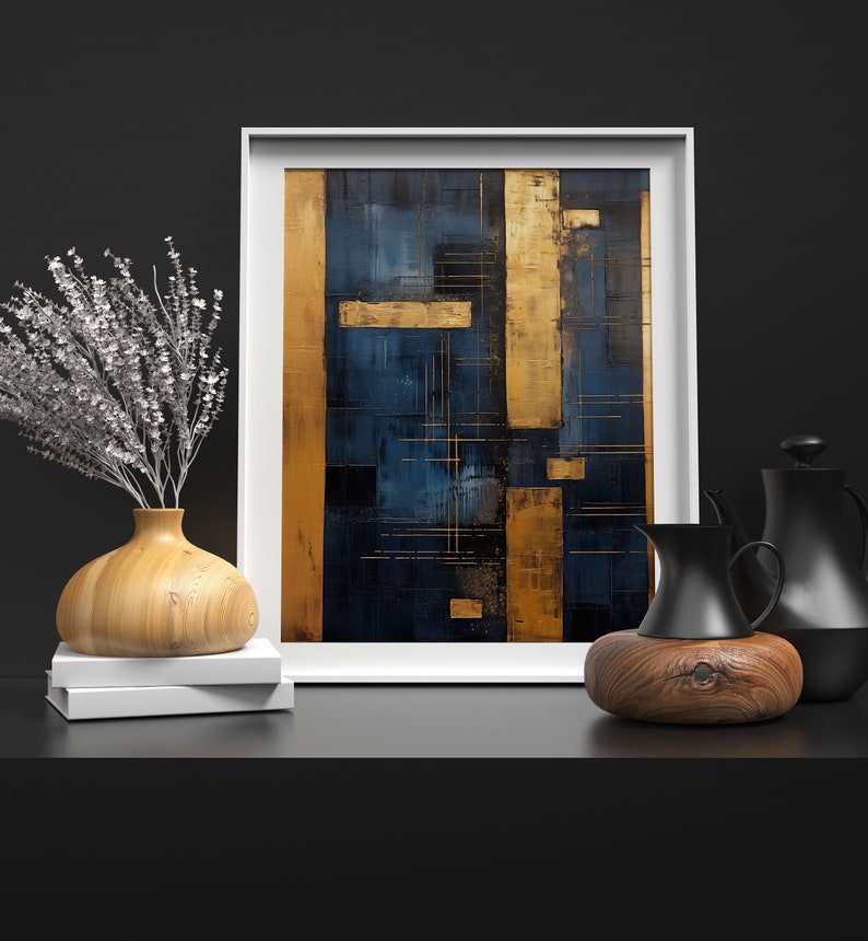 Navy Blue Abstract Art, Modern Grey Gold Paint Art, Gallery Wall Art