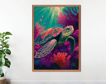 Sea Turtle Poster Print, Ocean Life Wall Decor, Tropical Beach Home Decor, Hawaiian Wall Art, Living Room Turtle Poster Decor, Turtle Art