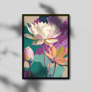 May include: A framed painting of three white, pink, and orange lotus flowers with green leaves on a purple background.