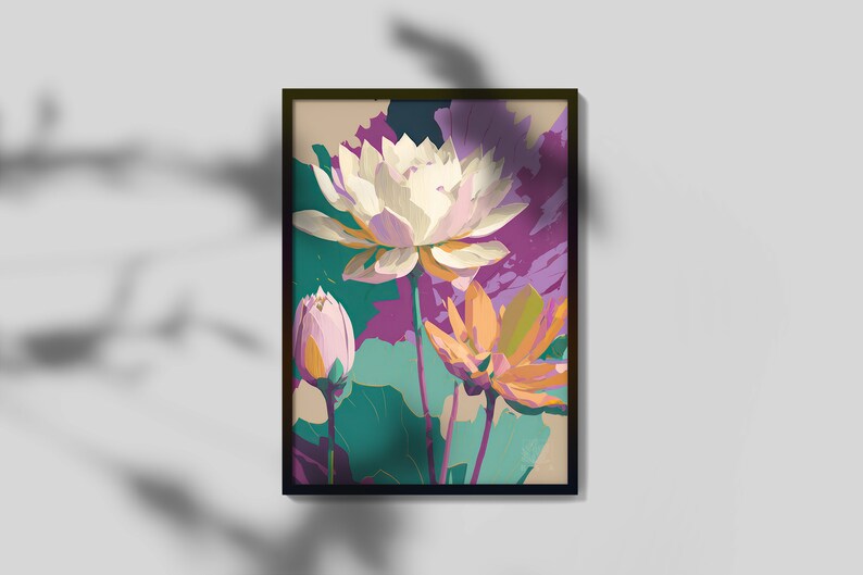 May include: A framed painting of three white, pink, and orange lotus flowers with green leaves on a purple background.