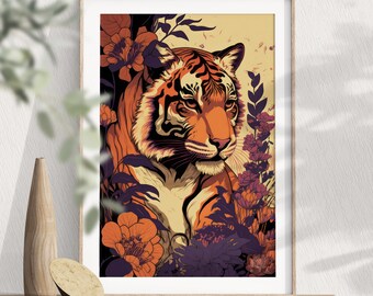 Impresión de arte de pared de tigre vintage, tigre en flores, decoración de pared de la selva, tigre indio, impresión de arte retro, arte de pared de grandes felinos, estampado de tigre floral