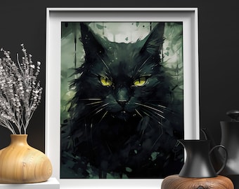 Black Cat Art Print, Dark Cat Wall Decor, Moody Cottagecore Wall Art, Witchy Black Cat Poster, Cat Mom Art Decor, Halloween Wall Decor