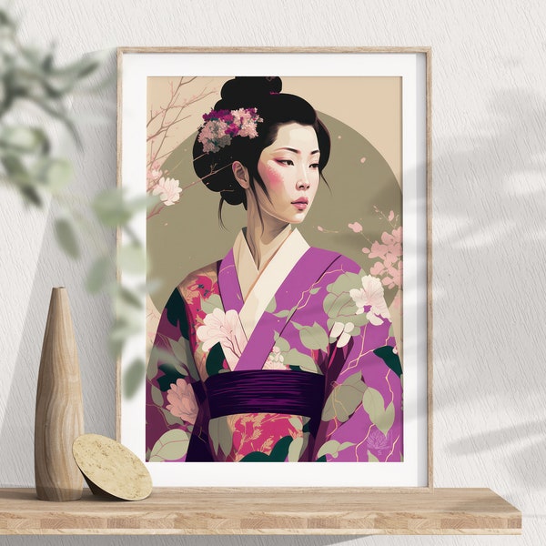 Japanese Geisha Girl Print, Sakura Blossoms Wall Art, Oriental Woman, Cherry Blossom Print, Geisha Girl In Floral Dress, Digital Download