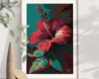 Hibiscus Flower Art Print, Hawaiian Floral Poster, Realistic Floral Painting, Tropical Summer Wall Hanging, Feminine Flower Art, Digital