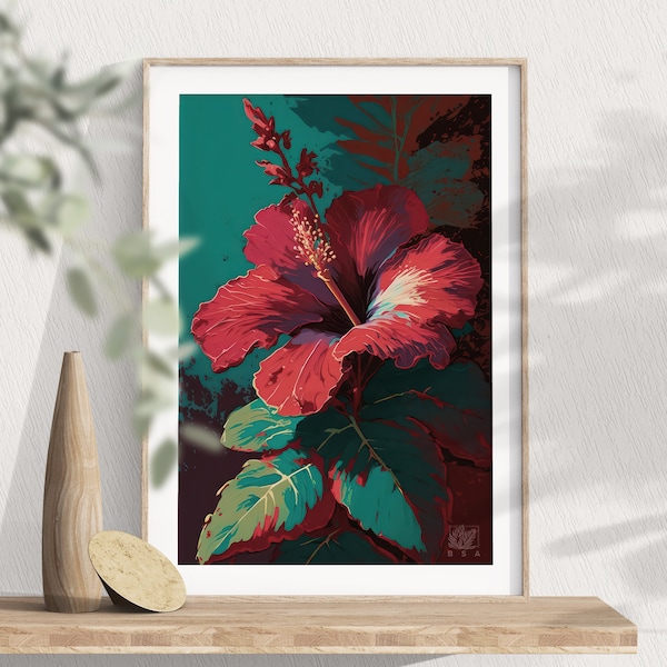 Hibiscus Flower Art Print, Hawaiian Floral Poster, Realistic Floral Painting, Tropical Summer Wall Hanging, Feminine Flower Art, Digital