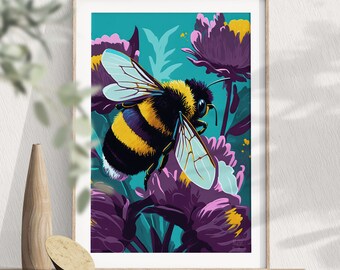 Modern Bumblebee Floral Poster | Minimalist Artwork Prints | Mountain Cabin Art Deco Digital Printable