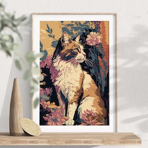 Calico Cat Watercolor Painting, Farmhouse Decor, Pets Art Print, Animal Wall Art, Cat Poster, Cat Lover Gift, Cat Floral, Digital Download