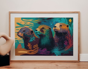 Sea Otters Family Print, River Otter Wildlife Illustration, Boys Bedroom Decor, Colorful Wildlife Art, Sea Otters Botanical Abstract Poster