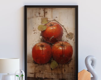 May include: A framed painting of three red apples with a brown stem and leaves on a textured white background.