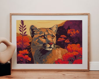 Mountain Lion Puma Poster Art, Western Home Decor, Modern Chic, Wildlife Wall Art, Mountain Lion Print Animal Lover Gift, Digital Download