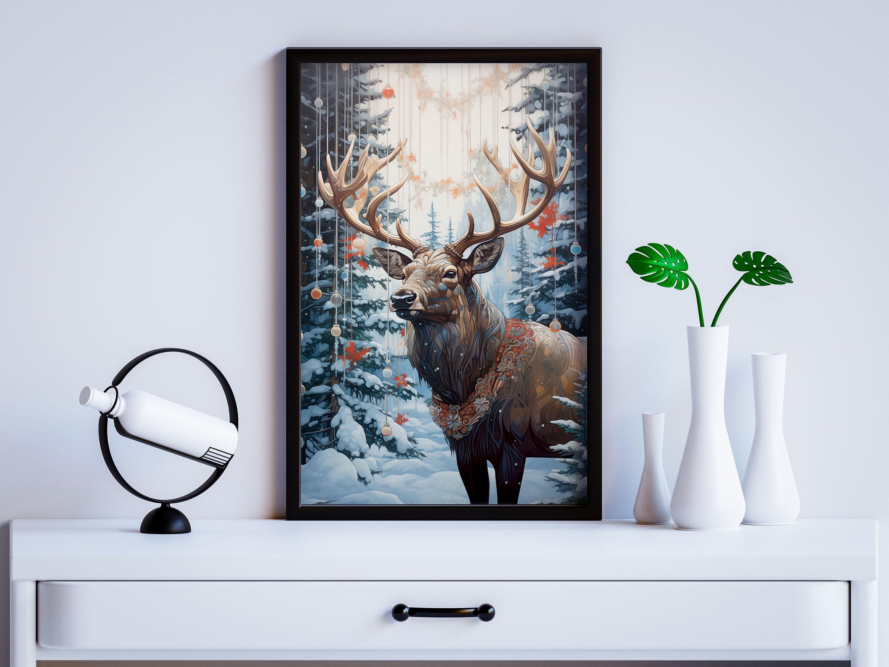 Reindeer Christmas Poster, Vintage Christmas Wall Art, Holiday Decor ...
