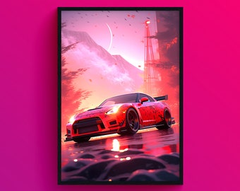 Red Nissan GTR Mountain Drift, Digital Car Art Instant Download, Printable Home Decor, Realistic Art Gift Poster, Sunset Forza Style Glow