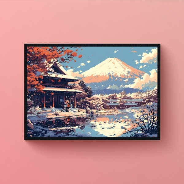 Samurai Japan Snowy Mount Fuji House Pixel Art, Digital Art Instant Download, Printable Home Decor, Horizontal Art Gift Poster, Sakura River