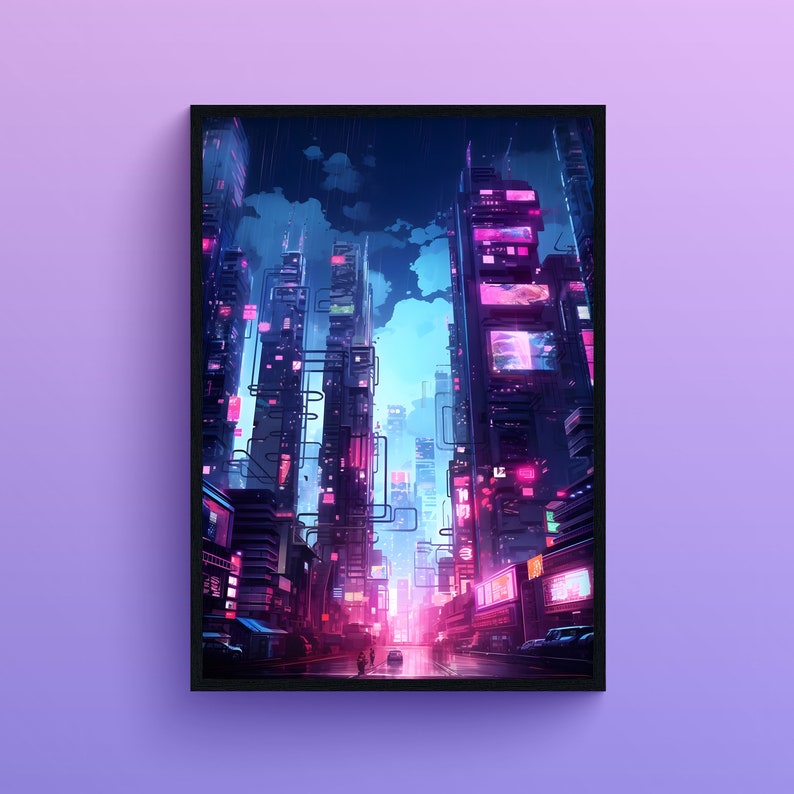 Futuristic Cyberpunk Neon Road Skyscrapers, Art Print Framed / Unframed