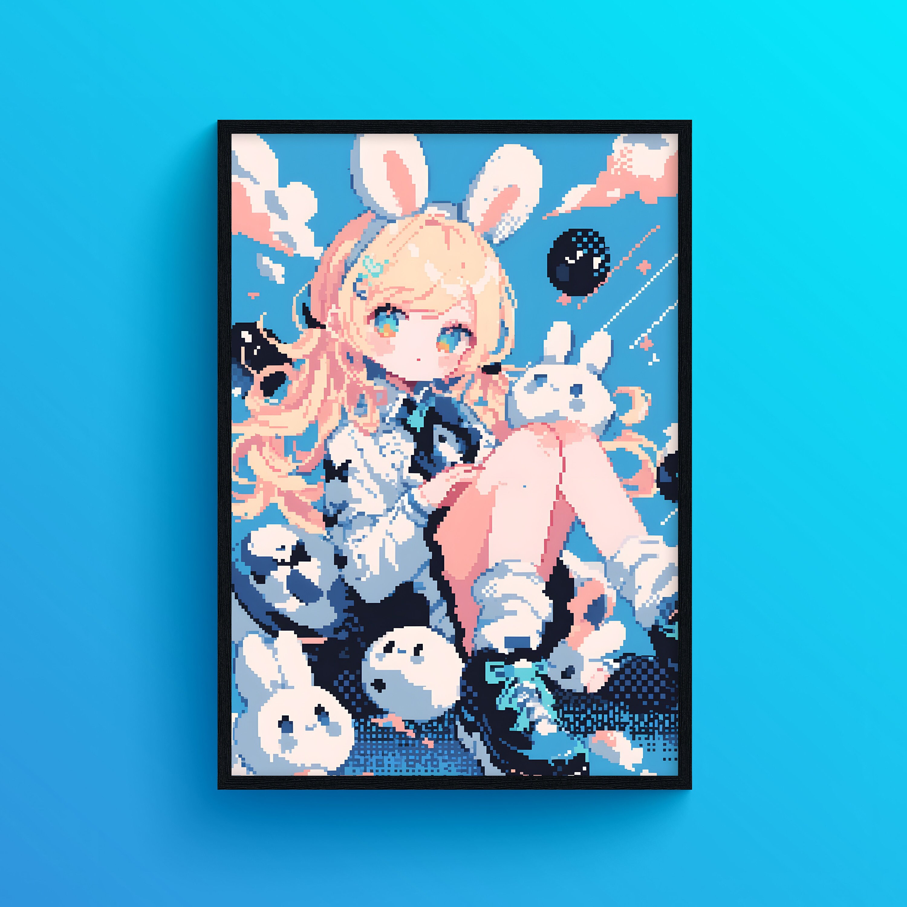 Pixel Art Bunny Anime Girl Blue Cute Kawaii, Art Digital Instant ...