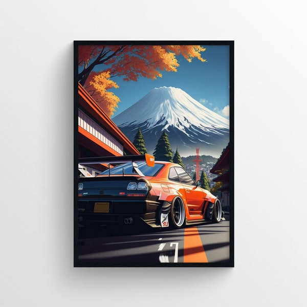 Digital Car Art Instant Download, Nissan Skyline GTR look alike, Printable Home Decor, Ai Art Gift Poster, Japanese Landscape Illustration