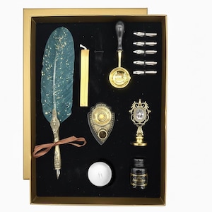 Vintage Feather Quill Calligraphy Pen Wax Seal Kit, Zodiac Stamps, Letter Writing Supplies