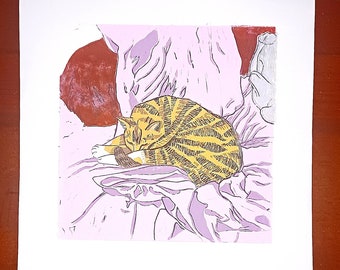 Sleeping Cat Linoprint | Wall Art | Home Decor | Gift for Cat Lover | Cozy Vibes | Reduction Linocut | Cat Art | Bedroom Decor