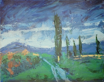 GLOOMY DAY in TOSCANA Original Acrylic Painting on 20x16 Canvas. Landscape Modern Artwork Abstract Impressionism