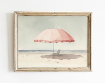 Pale Watercolor Painting | Beach Umbrella Print | Light Pink Aesthetic Art | Muted Downloadable Print