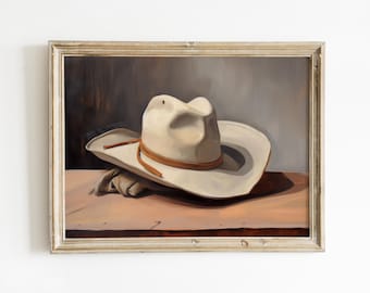 Cowboy Hat Print | Rustic Oil Painting | Antique Country Art | Downloadable Print