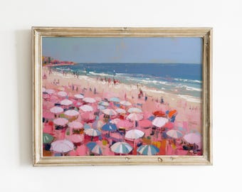 Impresión de playa vintage / Pintura costera abstracta / Decoración de apartamento femenino / Arte de pared imprimible rosa