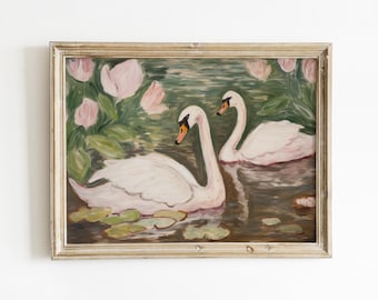 Swan Print | Soft Printable Wall Art | Pink and Green Decor | Girly Office Painting