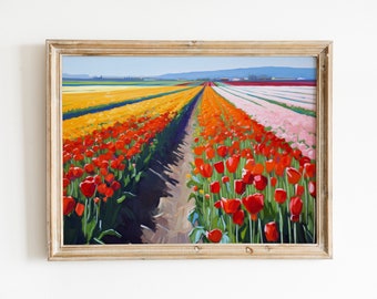 Peinture champ de tulipes | Impression de fleurs esthétiques | Ferme moderne | Impression téléchargeable