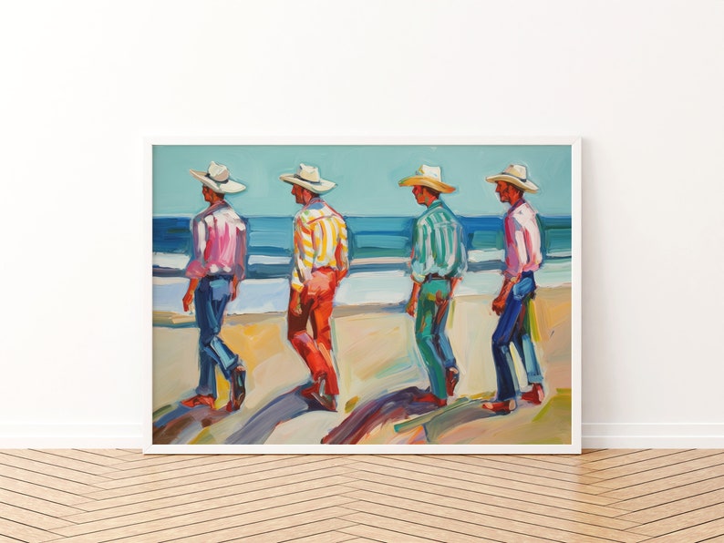 May include: Oil painting of four figures in cowboy hats and colorful shirts walking on a beach. The figures are seen from the back, with the ocean and sky in the background. The painting is framed in a white border.