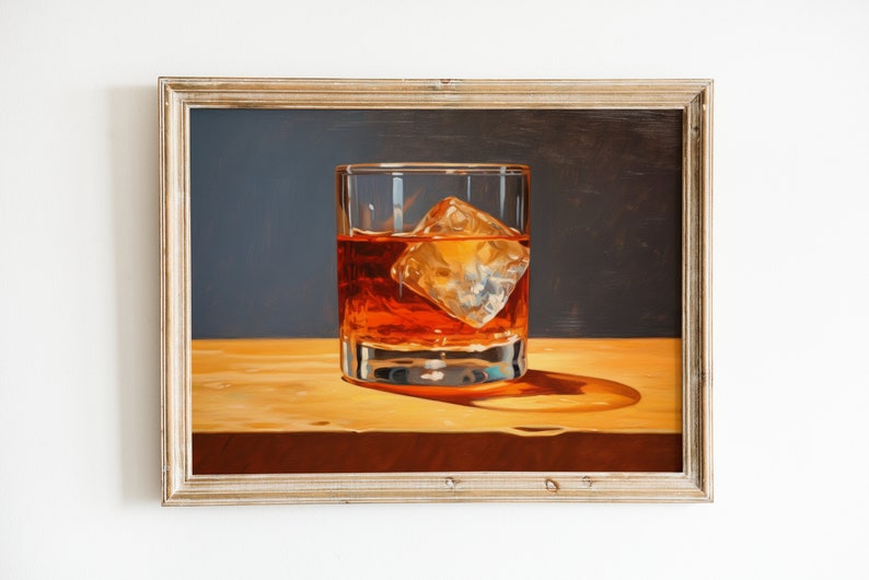 May include: A painting of a glass of amber-colored liquid with a large ice cube, sitting on a wooden surface. The glass is on a dark blue background.