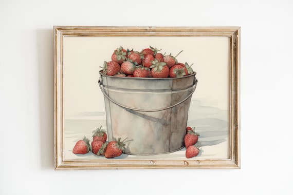 Retro Fruit Print | Strawberry Painting | Minimalist Farmhouse Decor | Pale Watercolor Printable Wall Art