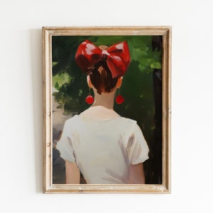 May include: Painting of a person with long brown hair wearing a large red bow and red cherry earrings. The person is wearing a white t-shirt and is standing in a green forest.