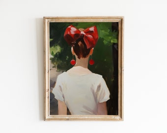 Red Bow Print | Preppy Oil Painting | Trendy Teen Girl Room Decor | Retro Printable Wall Art