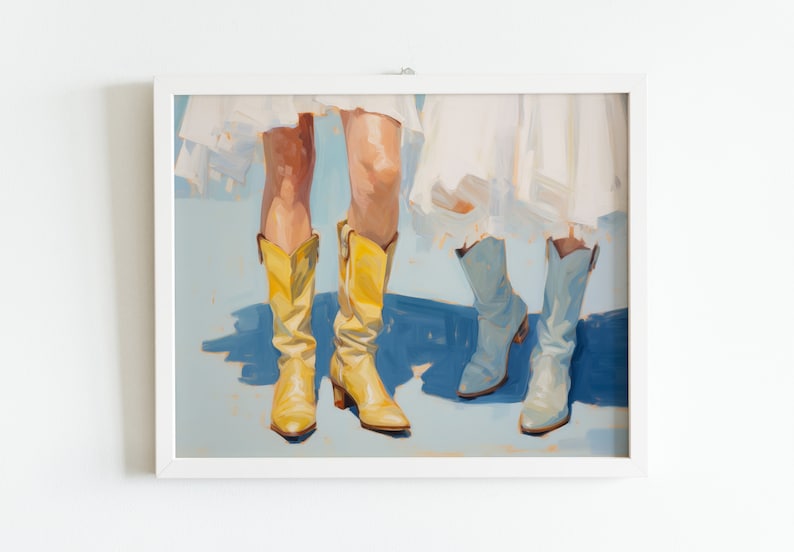 May include: Painting of two pairs of legs wearing boots. One pair is wearing yellow cowboy boots and the other pair is wearing light blue cowboy boots. The legs are wearing white dresses.