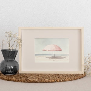 Pale Watercolor Painting | Beach Umbrella Print | Light Pink Aesthetic Art | Muted Downloadable Print image 6