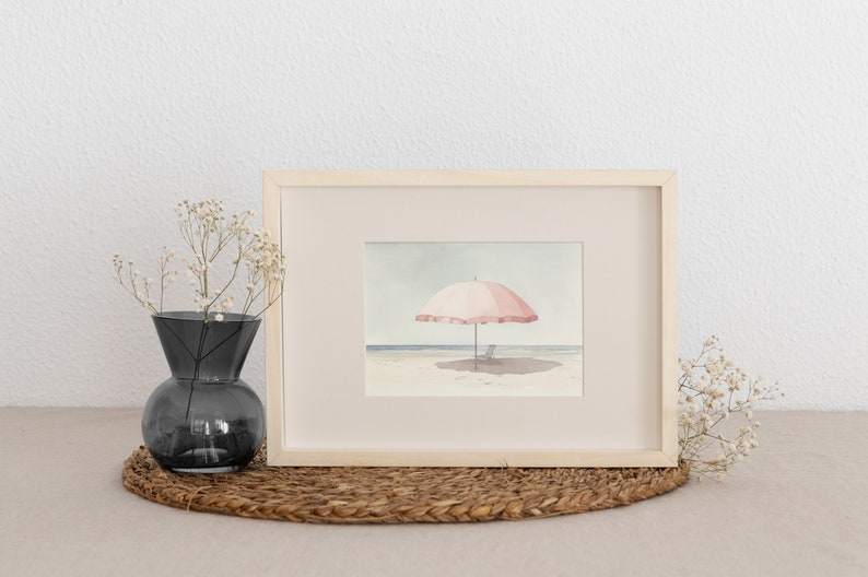 Pale Watercolor Painting | Beach Umbrella Print | Light Pink Aesthetic Art | Muted Downloadable Print image 6