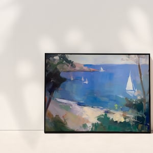 May include: A framed painting of a seascape with sailboats on a blue body of water. The painting is framed in black and has a white mat.