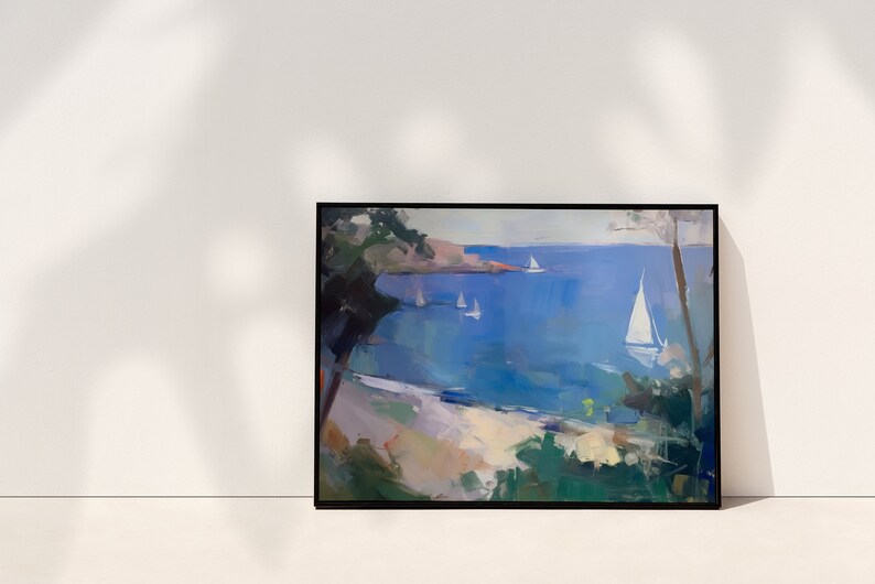 May include: A framed painting of a seascape with sailboats on a blue body of water. The painting is framed in black and has a white mat.