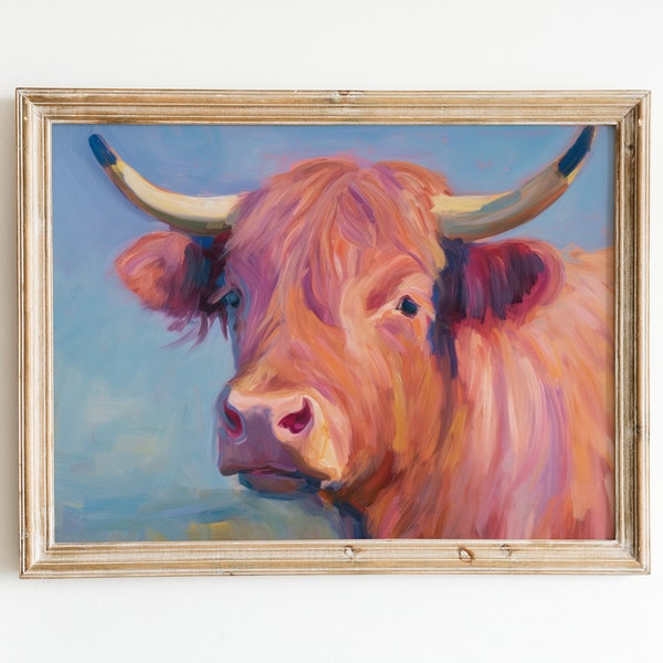 Maximalist Wall Art | Pink Highland Cow Print | Funny Apartment Decor | Trendy Downloadable Print
