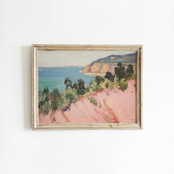 Soft Pink Coastal Landscape | Summer Home Decor | Girly Apartment Print | Horizontal Printable Wall Art