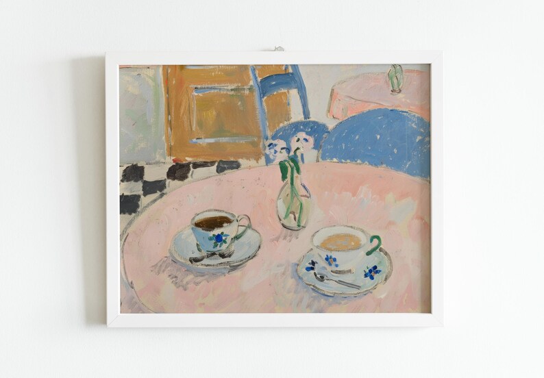 May include: A framed painting depicting a pink table with two teacups on saucers, a small glass vase with flowers, and a blue chair. The background shows a checkered floor and a wooden cabinet, rendered in a painterly style with visible brushstrokes.