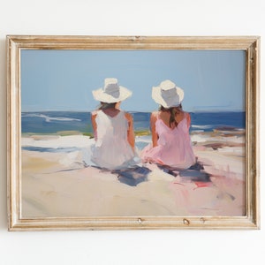 ガーリーなビーチプリント | 海岸沿いのアパートの装飾 | ソフトな美的絵画 | ピンクとブルーのダウンロード可能なプリント