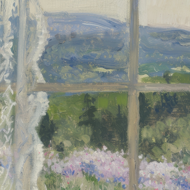 Peut inclure: Une peinture repr&eacute;sentant une fen&ecirc;tre avec une vue sur un paysage. La fen&ecirc;tre est divis&eacute;e en quatre carreaux, et la vue montre un champ de fleurs au premier plan, une for&ecirc;t au milieu et une cha&icirc;ne de montagnes &agrave; l'arri&egrave;re-plan. Le ciel est bleu clair et les nuages sont blancs.