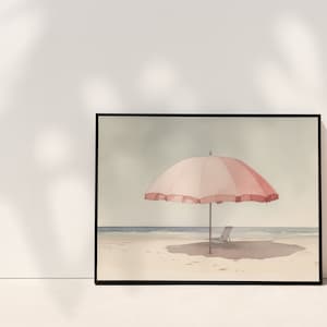 Pale Watercolor Painting | Beach Umbrella Print | Light Pink Aesthetic Art | Muted Downloadable Print image 8
