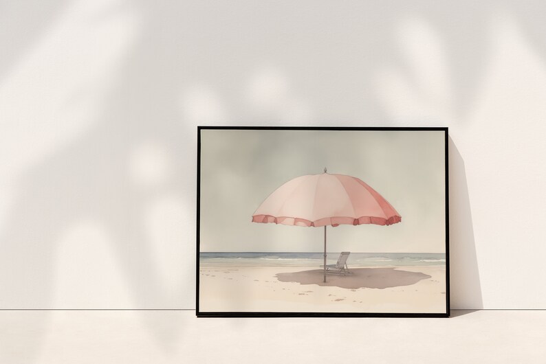 Pale Watercolor Painting | Beach Umbrella Print | Light Pink Aesthetic Art | Muted Downloadable Print image 8