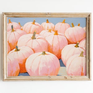 Arte de pared imprimible de otoño femenino / Decoración acogedora de calabaza / Apartamento estético / Pintura rosa claro