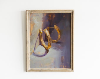 Vintage Bathroom Print | Gold Hoop Earring Painting | Aesthetic Makeup Vanity Decor | Girly Printable Wall Art