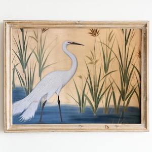 Heron Print | Grandmillennial Decor | Antique Painting | Blue and White Wall Art | Downloadable Print